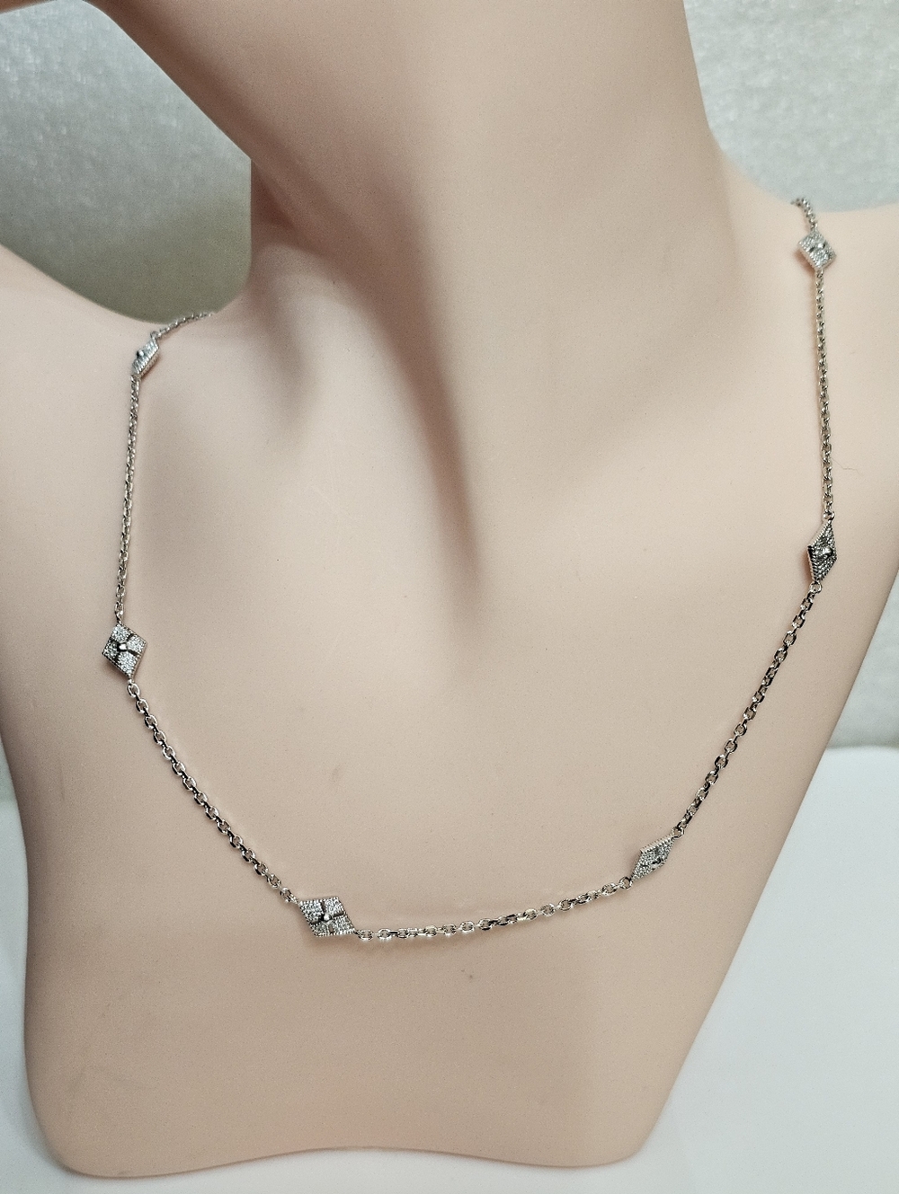 Beautiful Sterling Silver Diamond Station Rolo Chain Necklace 18"